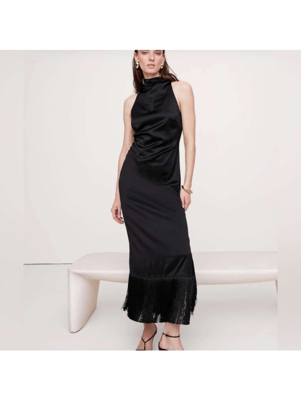 Banana Republic Black Halter Fringe Maxi Dress